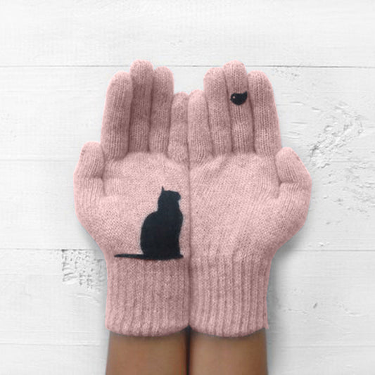 Dazzlesport™ Cute Cat Print Knitted Thickened Warm Split Finger Gloves