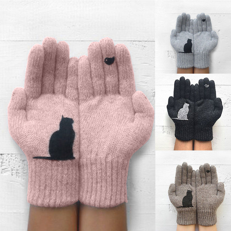 Dazzlesport™ Cute Cat Print Knitted Thickened Warm Split Finger Gloves