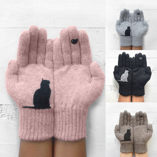 Dazzlesport™ Cute Cat Print Knitted Thickened Warm Split Finger Gloves