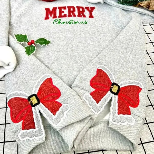 Dazzlesport™ Merry Christmas Glitter Bow Embroidered Sweatshirt