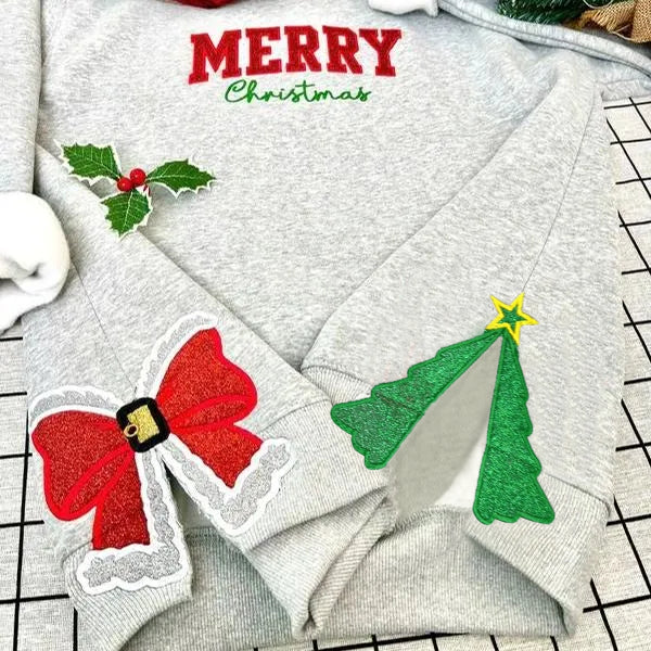 Dazzlesport™ Merry Christmas Glitter Bow Embroidered Sweatshirt