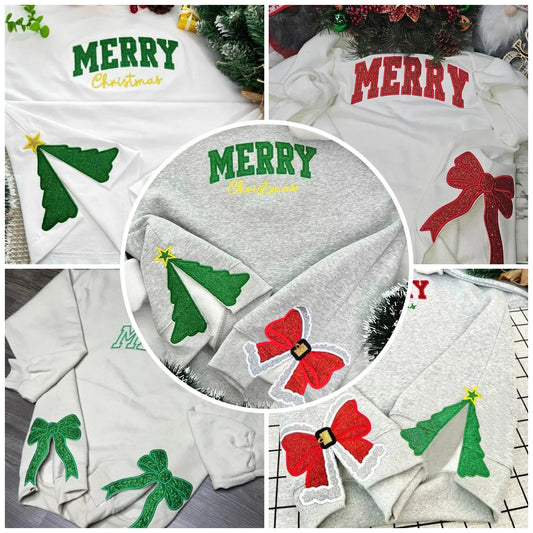 Dazzlesport™ Merry Christmas Glitter Bow Embroidered Sweatshirt