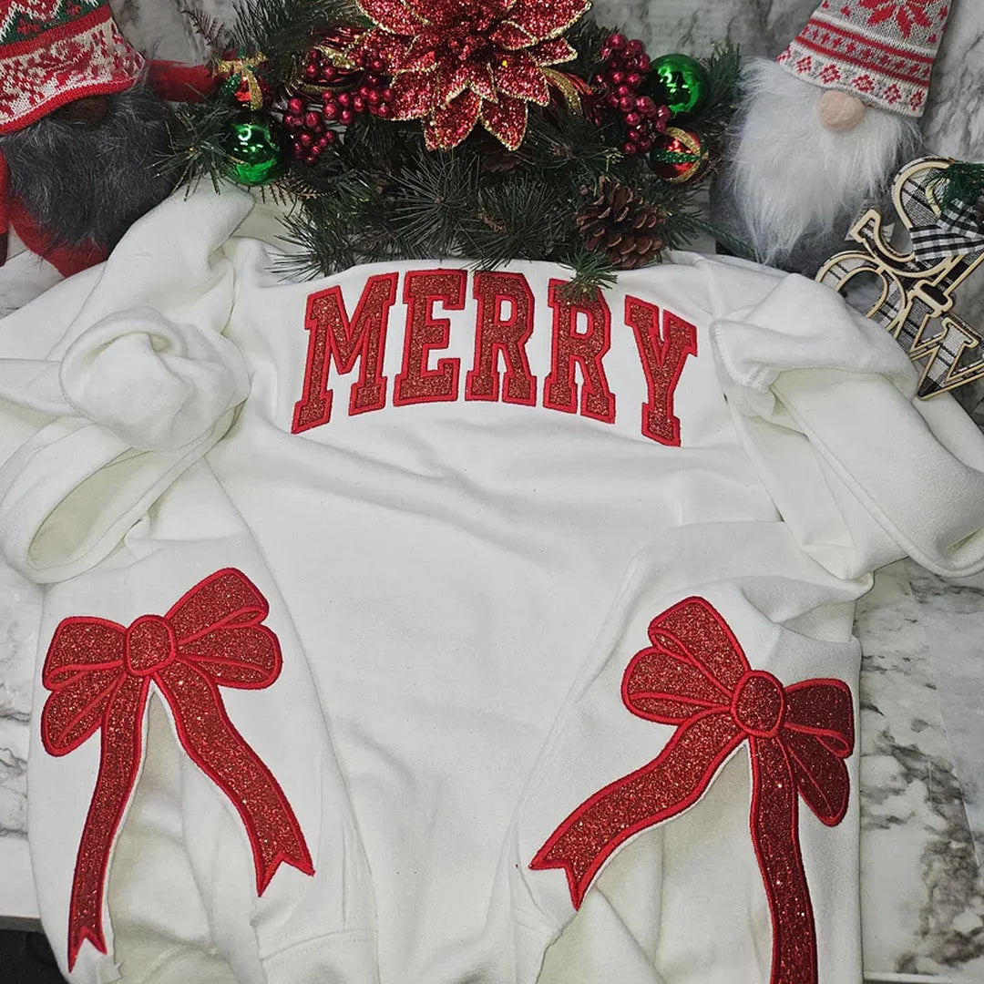 Dazzlesport™ Merry Christmas Glitter Bow Embroidered Sweatshirt