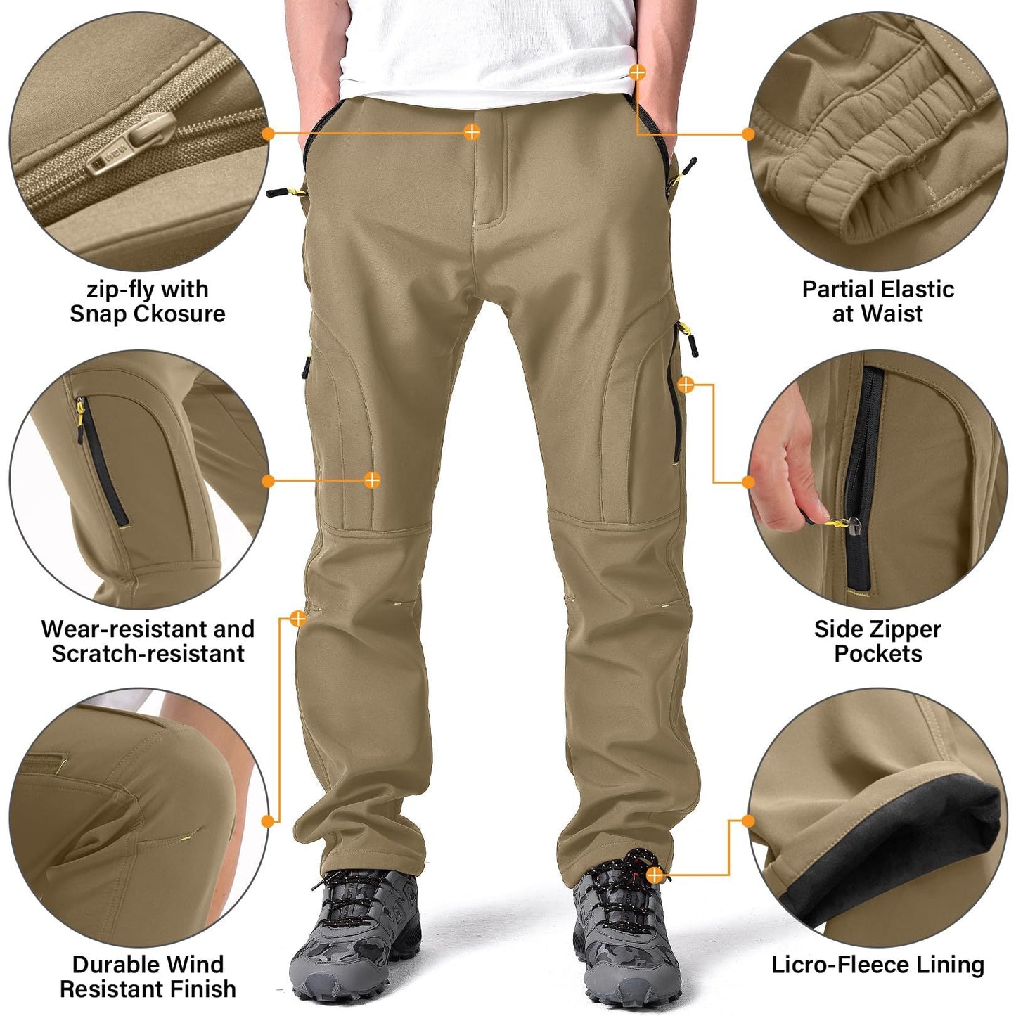 Men's Winter Pants 5 Zip Pockets Snow Ski Pants Fleece Lined Water Resistant Hiking Pants